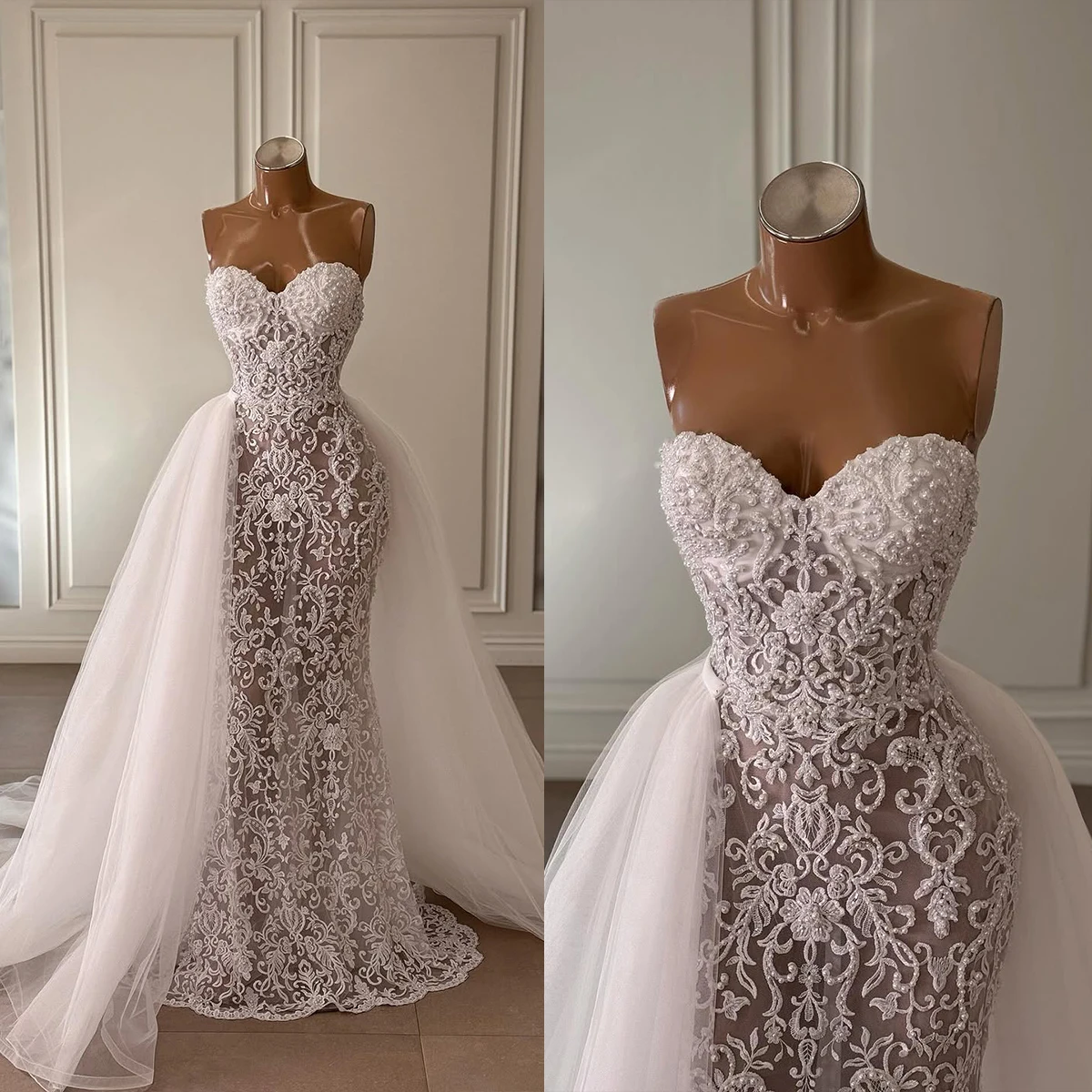 

Elegant Lace Wedding Dresses Pearls Strapless Bridal Gowns Detachable Train Mermaid Customized Bride Vestidos De Novia