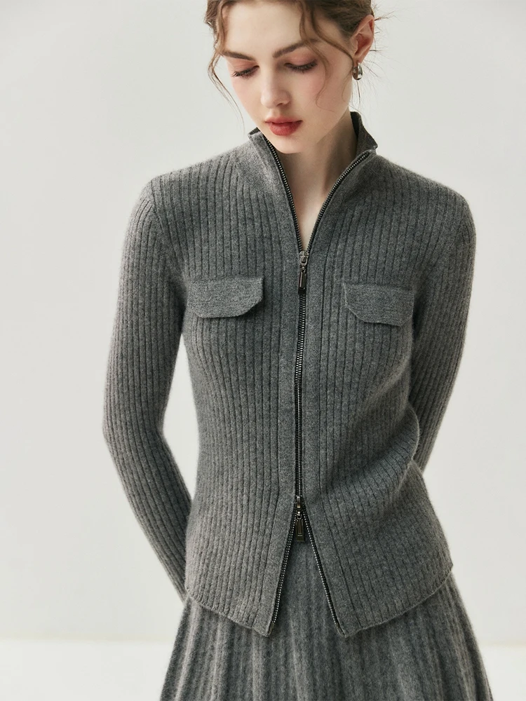 

Light Luxury 100% Cashmere Cardigan Sweater Soild Double Zipper Women Autumn Winter Slim Fit Fashion Knit Sweater Jackets Retro