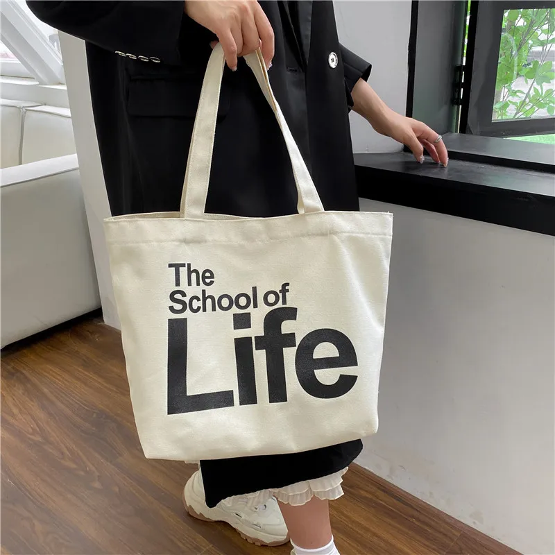 Canvas Tote Large Capacity Shoulder Bag 2023 New Preppy Style Letter Printed Pattern Daily Commuter Trendy Shopping Storage Bag