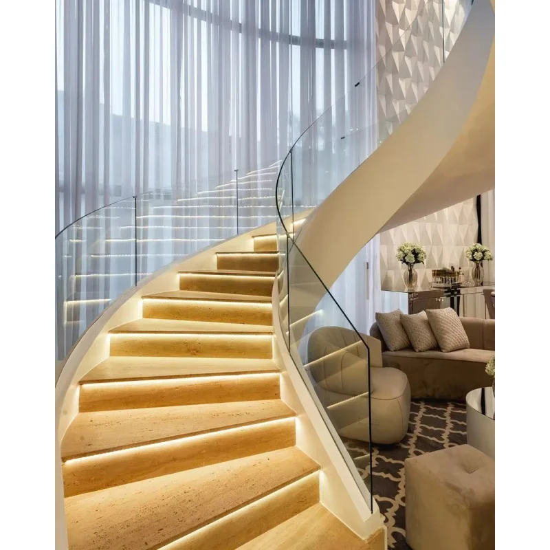 custom.LED Fashionable Curved Staircase Luxury Architectural Stair With Glass Balustrade Interior