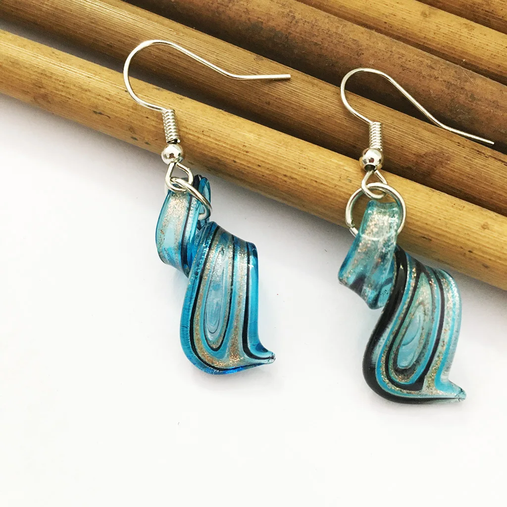 1 Pair Spiral Pattern Chinese Style Blue Murano Lampwork Glass Earring JewelryChinese Style Retro Handmade Personality Pendant