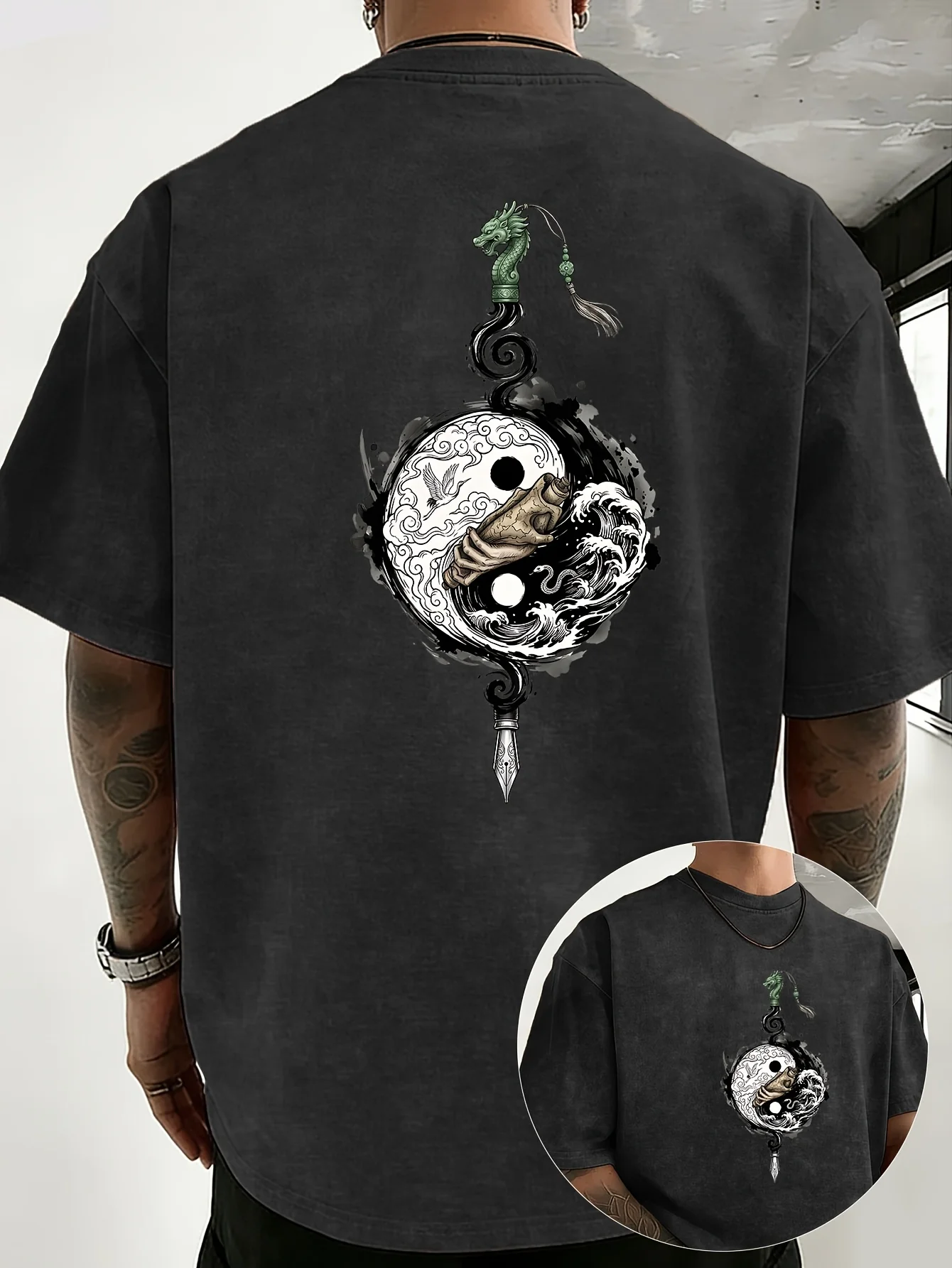Vintage Oriental Dragon Brush Print 100% Cotton Acid Wash T Shirt Unisex Streetwear Crew Neck Top Crane Graphic Casual Tee S-3XL