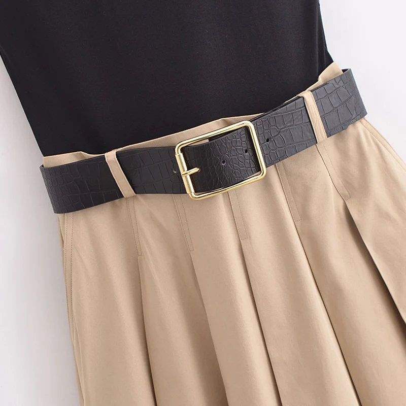 Vestido holgado plisado de retales de color caqui para mujer, vestido largo sin mangas con cuello redondo, vestido informal elegante para uso diario en la oficina para verano 2025