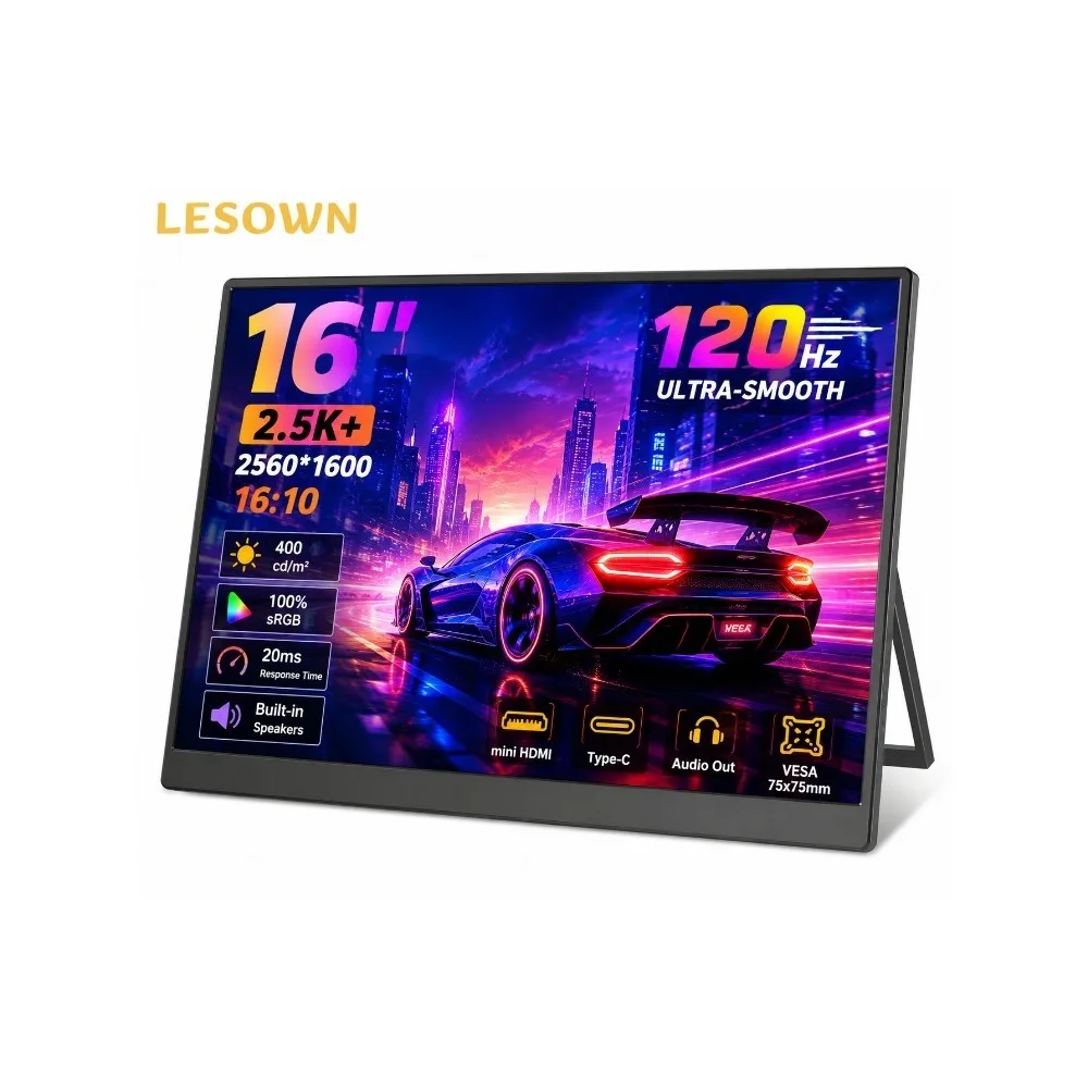 LESOWN 16" WQXGA 120Hz Second Screen Slim External Monitor Driverless with Integrated Kickstand for PS5