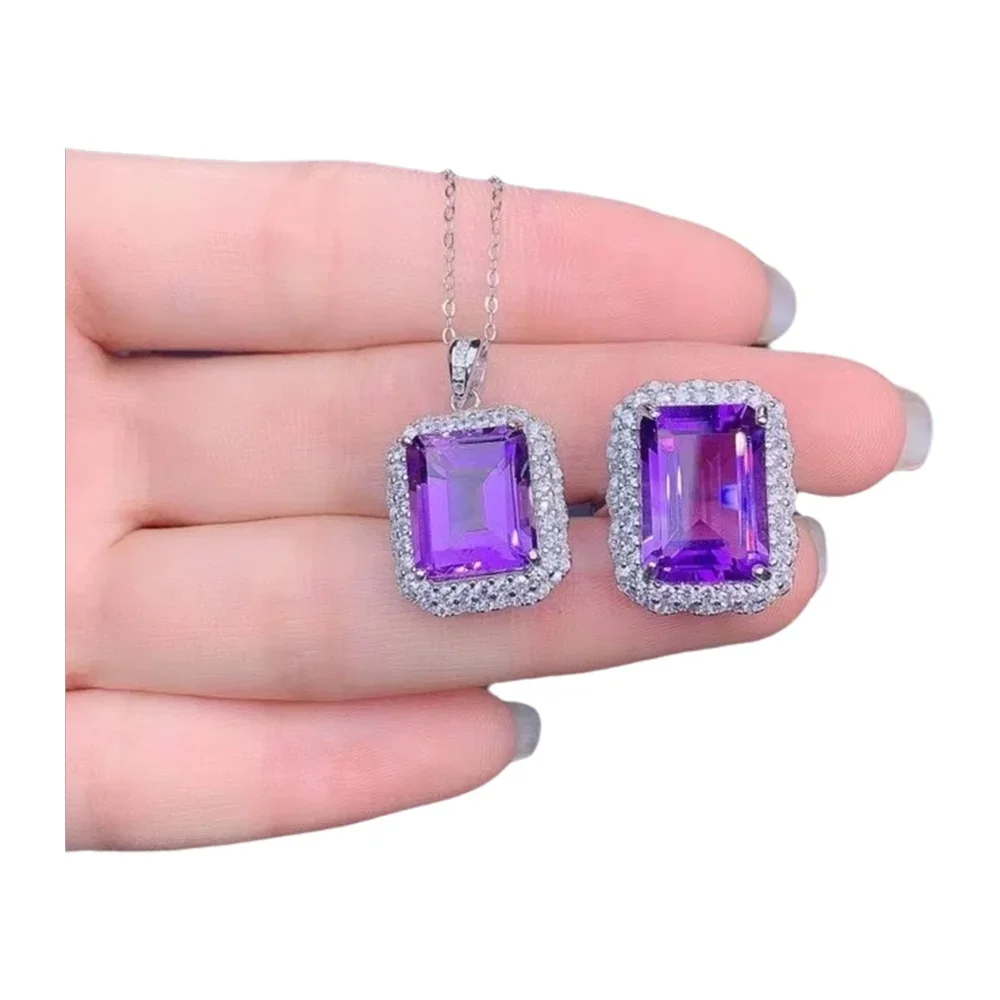 

925 Sterling Silver Inset with Gem Women Luxury Exquisite, Rectangle Amethyst Pendant, Adjustable Ring Set Support, Fine Jewelry