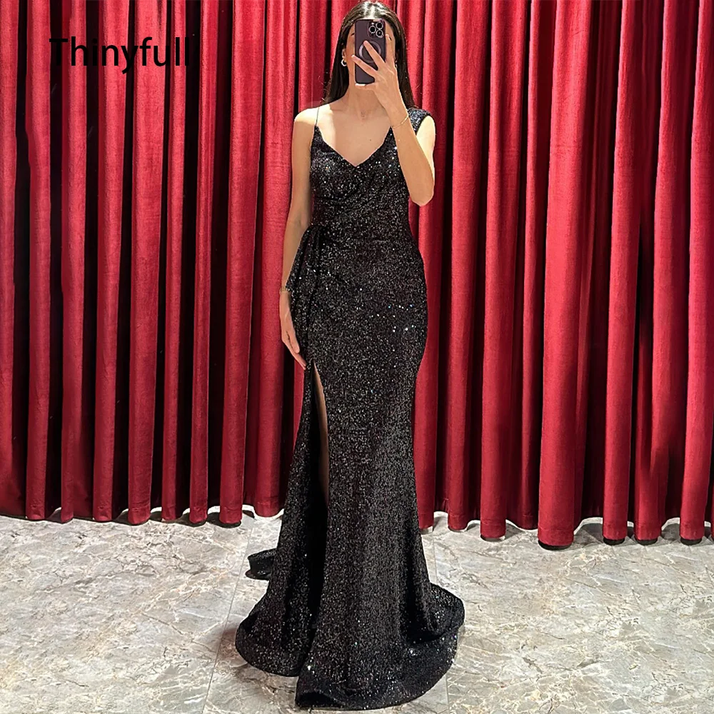 

Thinyfull Black Sequined Evening Party Dresses Cold Shoulder Side Slit Mermaid Prom Gowns Formal Occasion Dresses Saudi Arabia