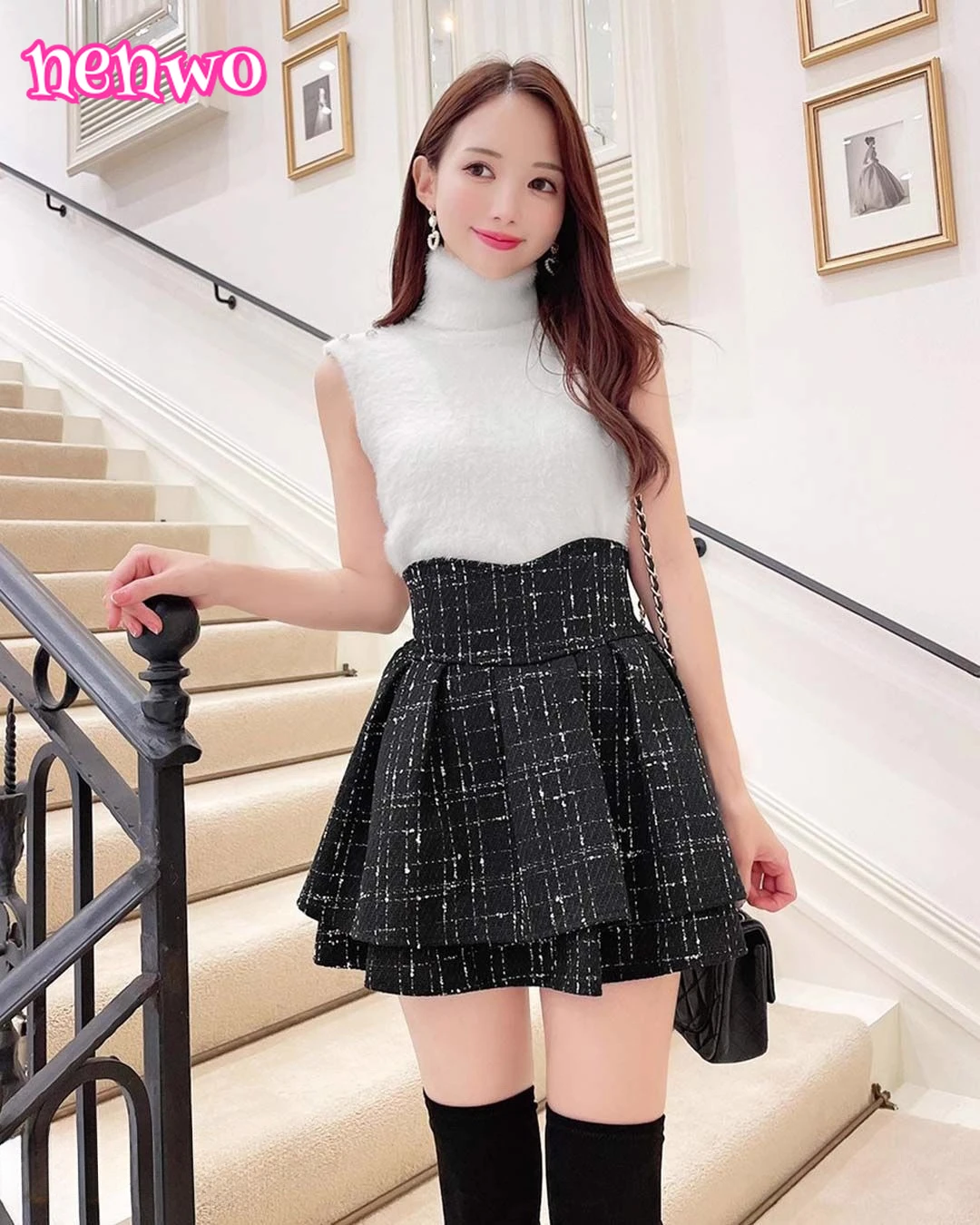 Elegancka spódnica tweedowa w stylu socjality, słodka spódnica w kratę z wysokim stanem, damska spódniczka mini w stylu japońskim, uniwersalna, modna i seksowna.