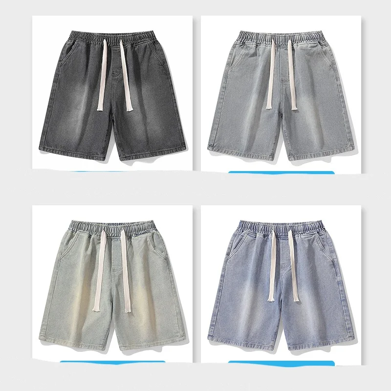 

Summer men's slim fashion denim shorts, high street loose straight leg pants, elastic waist denim pants, men's elastic drawstrin