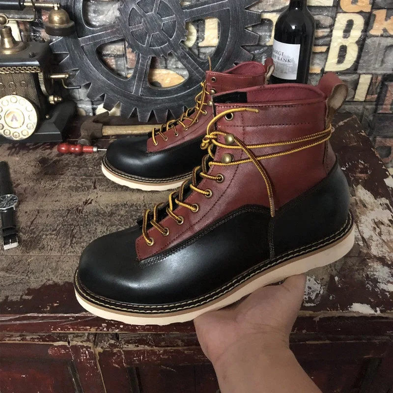 

American Retro Men Motorcycle Boots Genuine Leather Spliced Lace-up Outdoor Riding Boots High-quality Wear-resistant Work Shoes