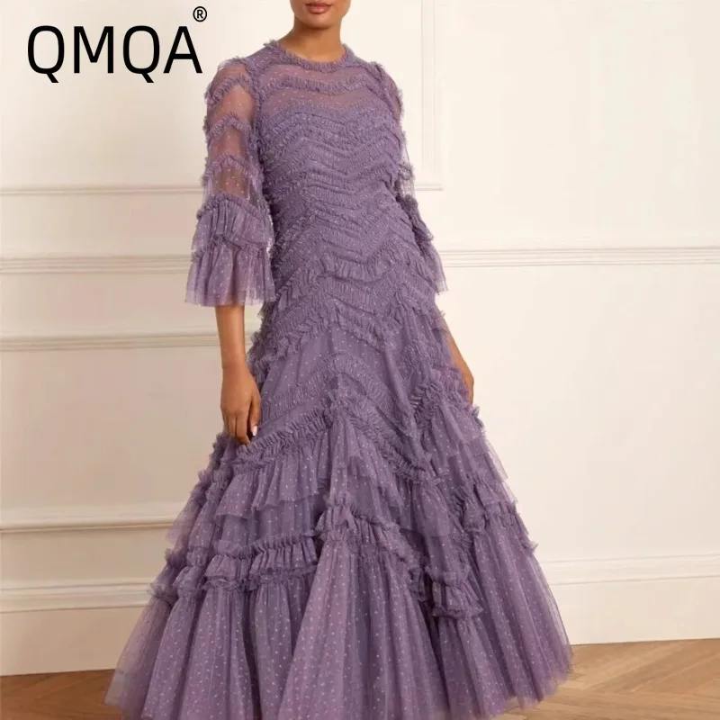 QMQA Mode Damen Elegante Bankettkleider Rundhals Mesh Pilzkante Kurzarm Polka Dot Partykleid 2025, Neu 1A788