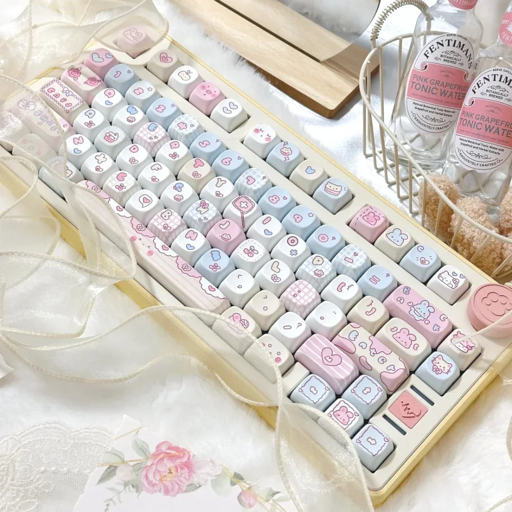 123Keys Keycaps Pink Blue Bobo Rabbit Full Five-Sided Thermal Sublimation Pbt Keycaps Roa Cute Cartoon Pink Keycaps For Girls