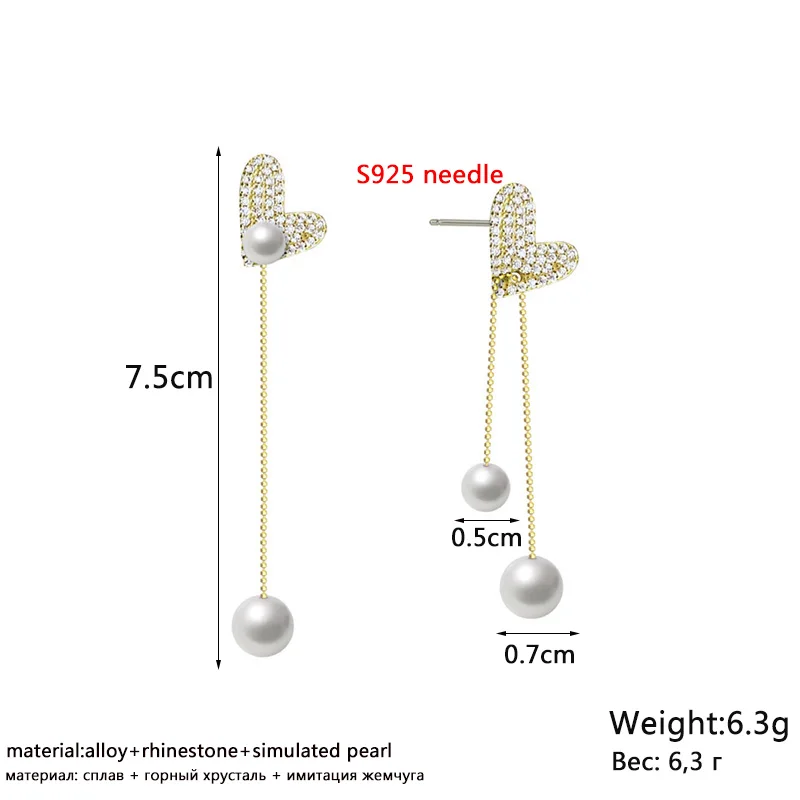 Fairy Korean Pearl Pendants Women's Earrings Crystal Heart Top Flexible Tassel Earrings for Girls Luxury Wedding Ear Jewelry