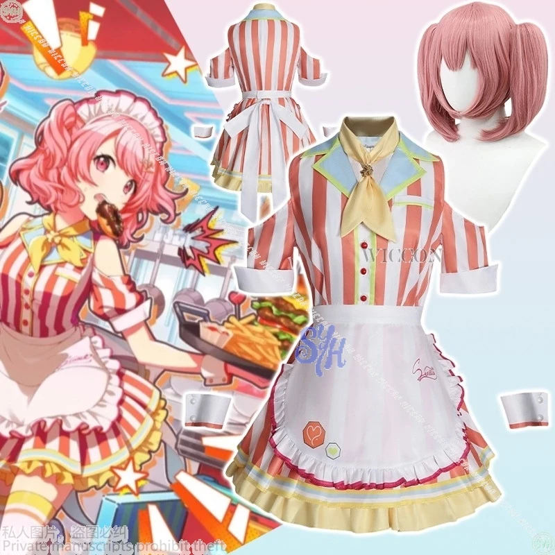 

Anime Game Project Sekai Cosplay Momoi Airi Costume Restaurant Waitstaff Uniform Kawaii Striped Dress Maid Lolita Halloween Cos