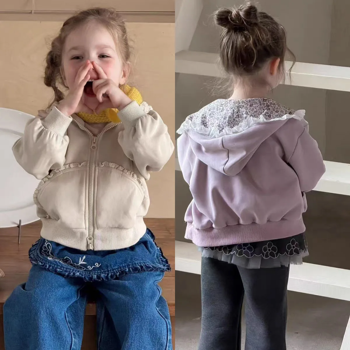 

2025 Autumn New Girls Cute Lace Hooded Coat Cotton Children Long Sleeve Casual Cardigan Baby Girl Solid Jacket Kids Clothes