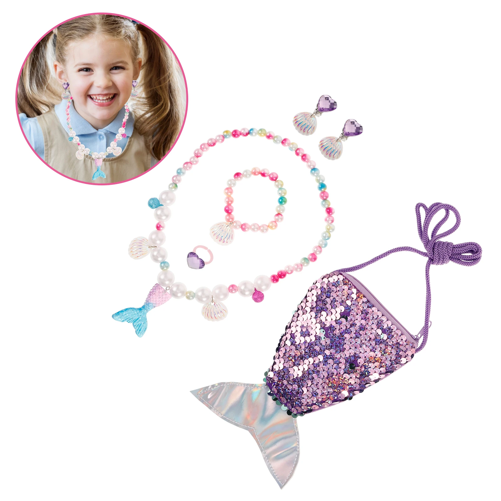 مجموعة مجوهرات حورية البحر مكونة من 6 قطع للفتيات، محفظة نقود معدنية لطيفة، إكسسوار للشعر، فستان متعدد الوظائف، مستلزمات حفلات الأميرات للأطفال #2