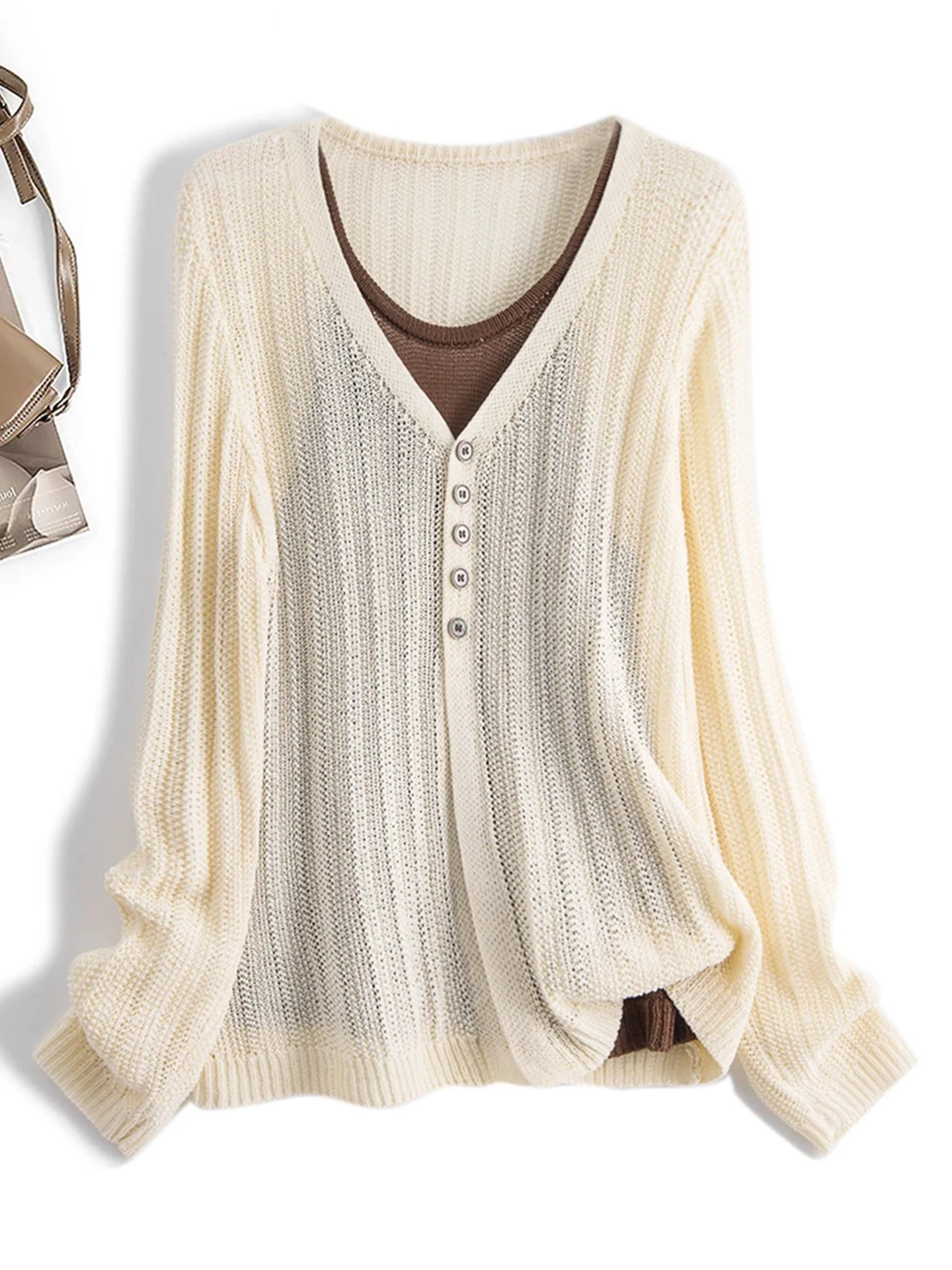 

Ladies' Lazy Sle Hollow out Knitwear Long Sve Loose Faion Unique Commute Wind Early Autumn Top Two-Piece Look