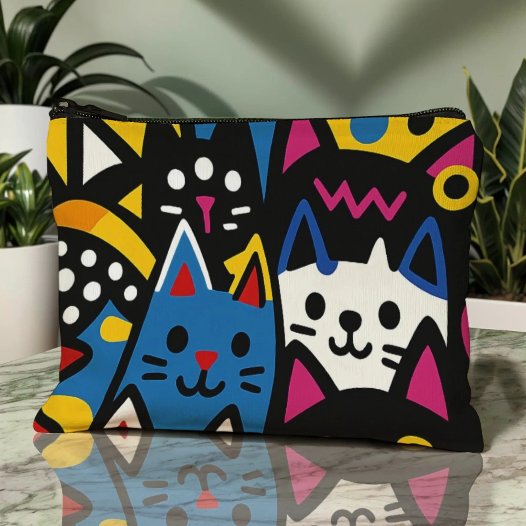 Vintage-style Fun Cat Cosmetic Bag Retro Vivid Cat & Checkerboard Geometric Print Durable Zipper Stylish for Cute-casual