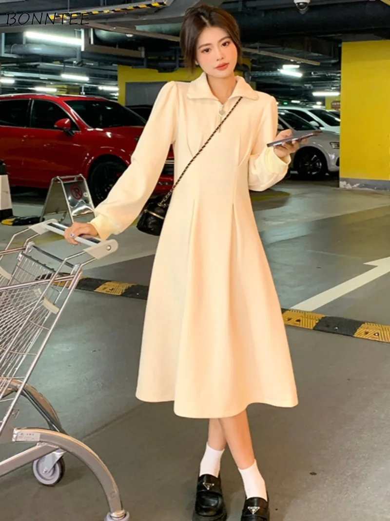 Waffle Thickened Dresses Women Long-sleeved Turn-down Collar All-match Solid Ins Defined Waist Korean Fashion Autumn Vestidos