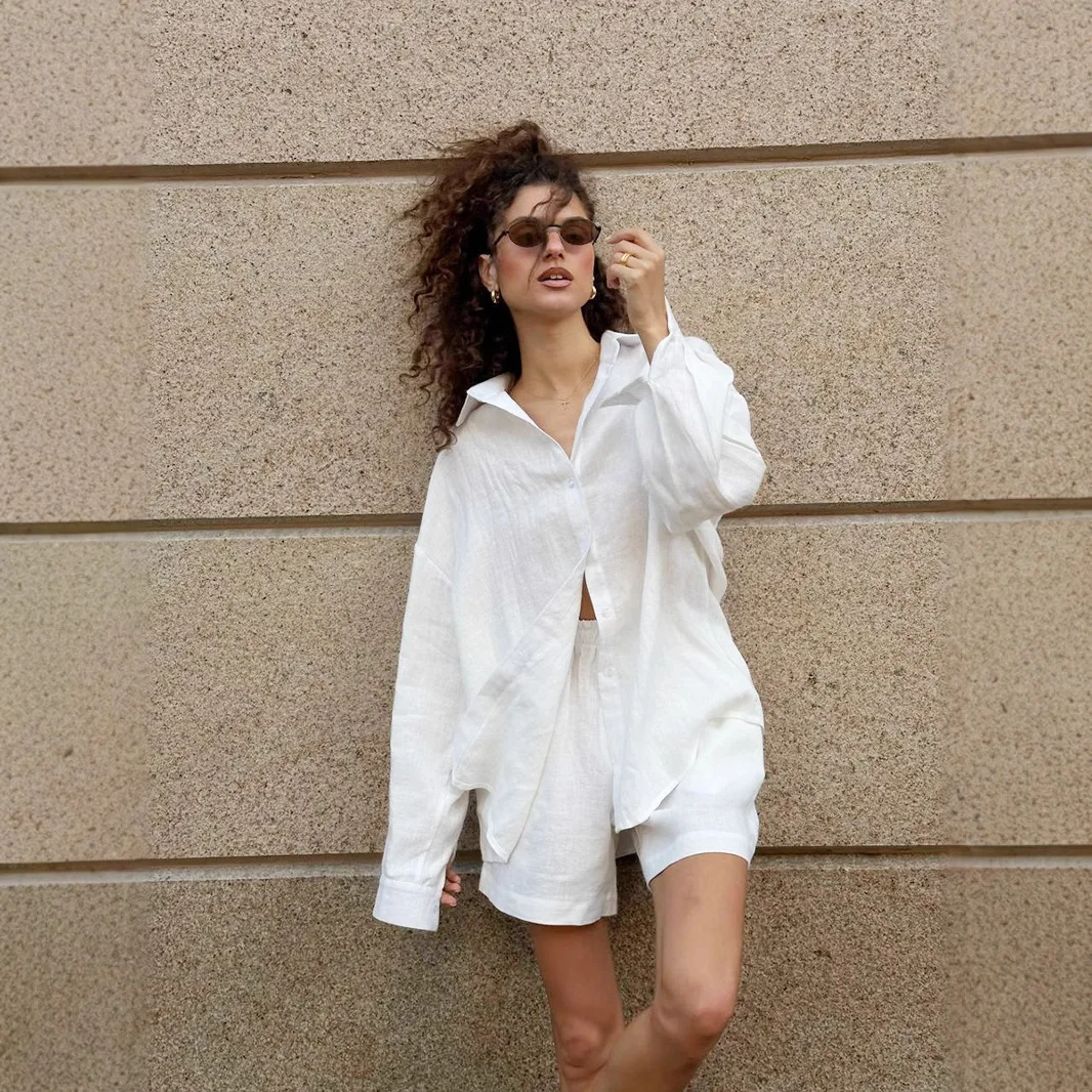 

Женская хлопковая рубашка, топ с длинными рукавами, шорты, комплект весны и лета, однотонные повседневные комплекты, женские комплекты Conjunto Mujer, комплекты из двух предметов