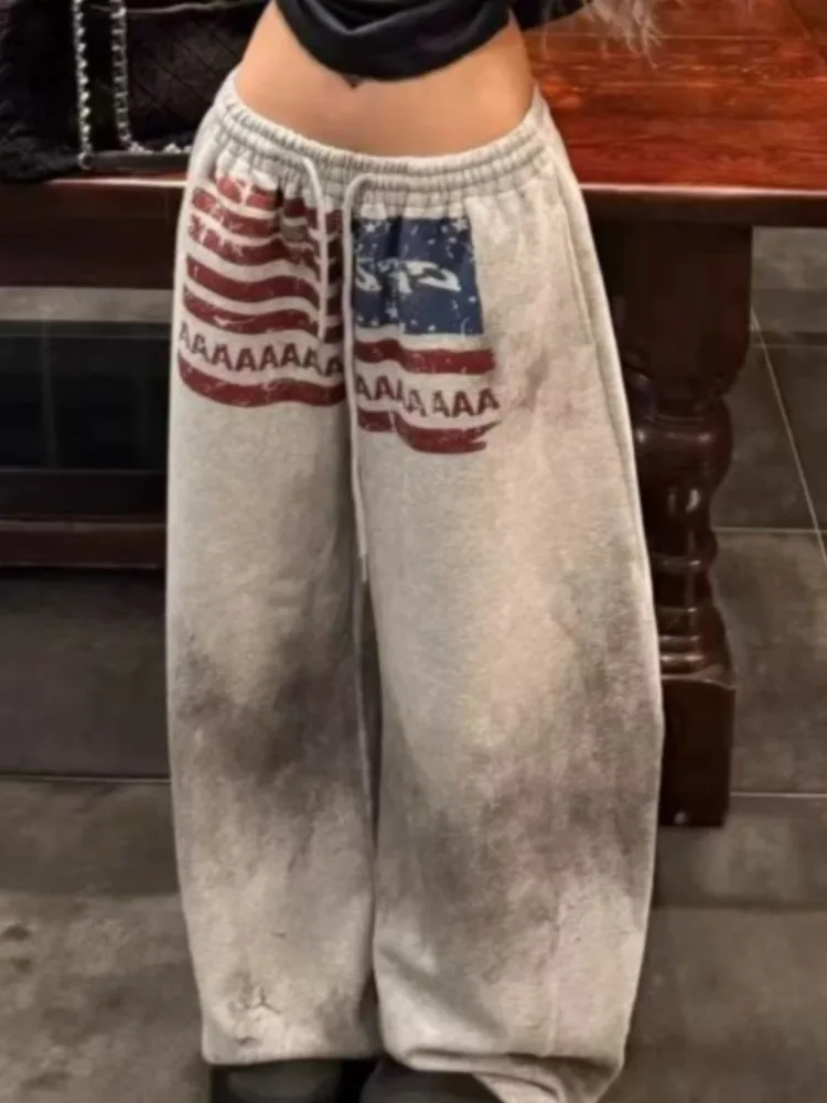 Y2K كلية الأمريكية الهيب هوب القوطي طباعة الرباط واسعة الساق Sweatpants فضفاضة 90s شارع العليا بنطال رياضي الطابق طول السراويل #2