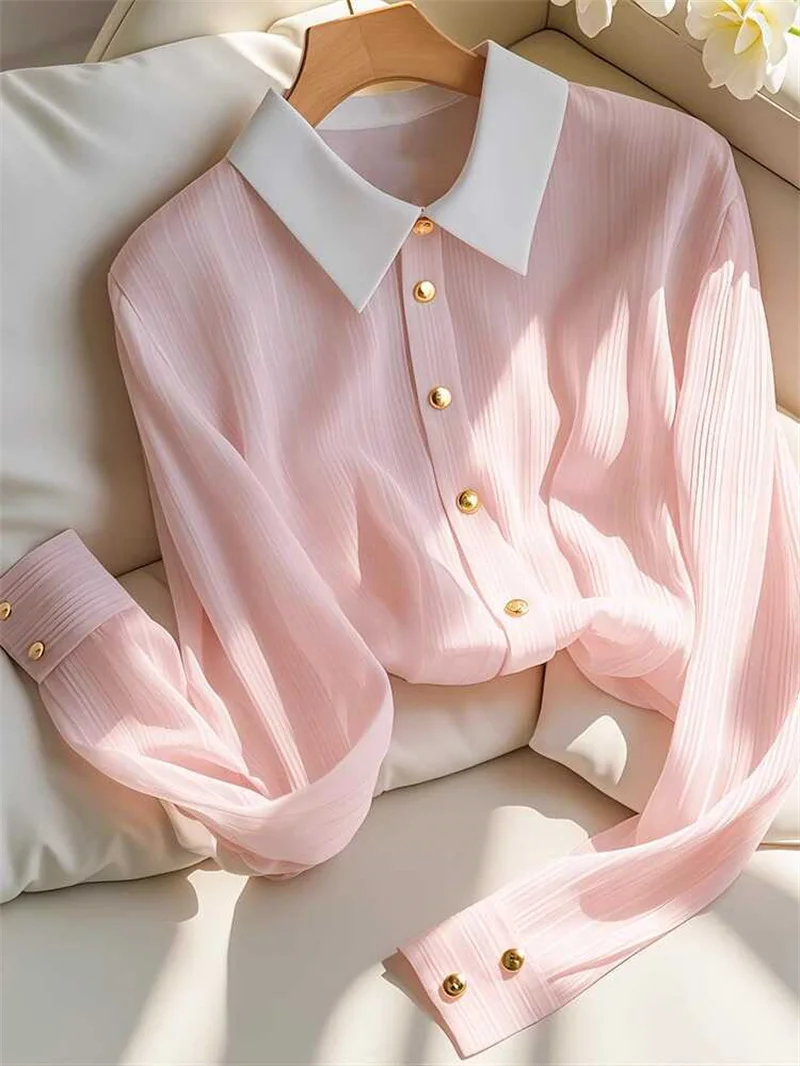 

Women Color Block White POLO Collar Pink Shirts Elegant Office Lady Solid Long Sleeve Shirt Single Breasted Loose Casual Tops