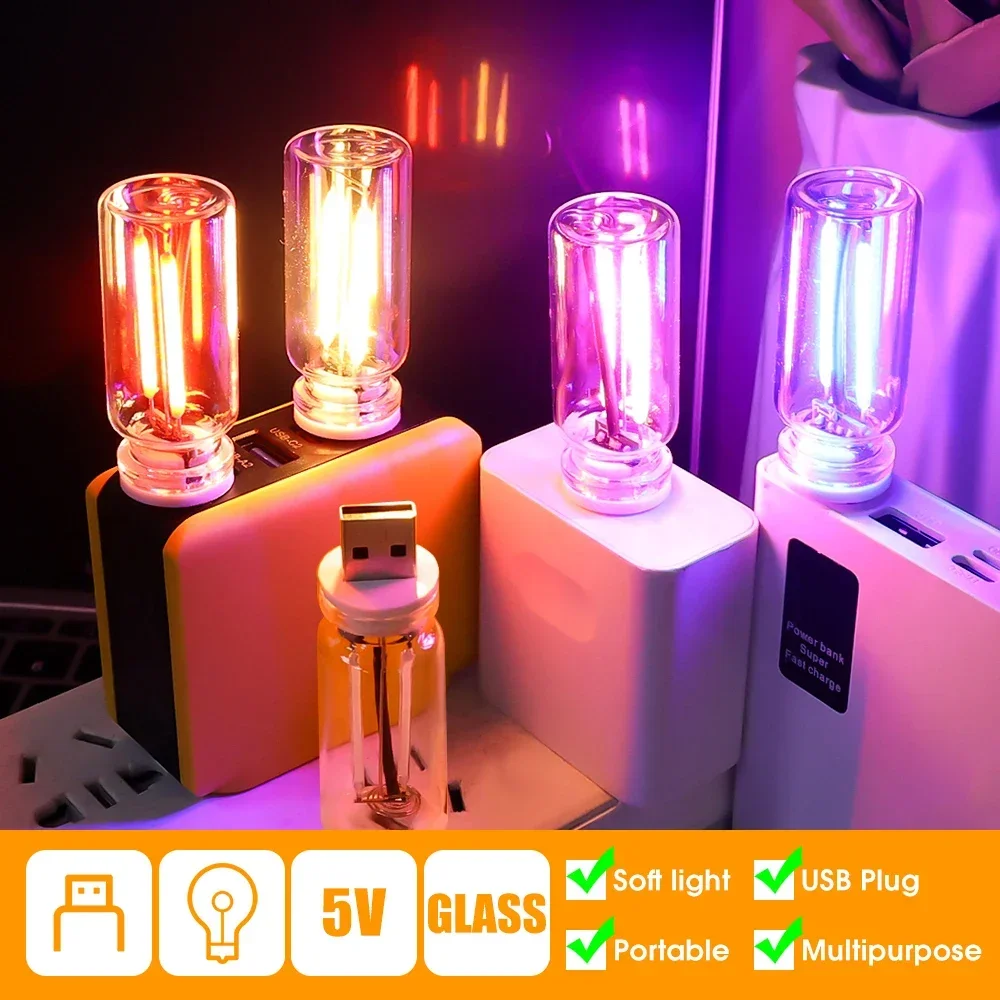 5-1pcs USB Car Atmosphere Light Glass Bottle Night Light USB 5V 1A/2A Retro LED Filament Touch Control Bulb Home Bedside Lamp