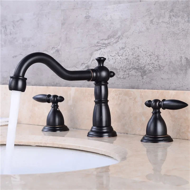 

Widespread Bathroom Sink Faucet 3-Hole Deck Mounted Dual Handle Hot Cold Water Mixer Tap Brush Nickel Chrome Finished EL8001-1