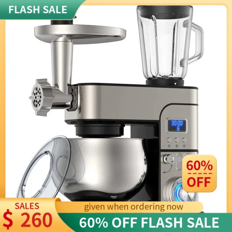 

6-IN-1 Stand Mixer,1200W LCD Display Electric Mixer,6.5QT Mixer,With Dough Hook,Whisk, Beater,Meat Grinder,Blender,Splash Guard