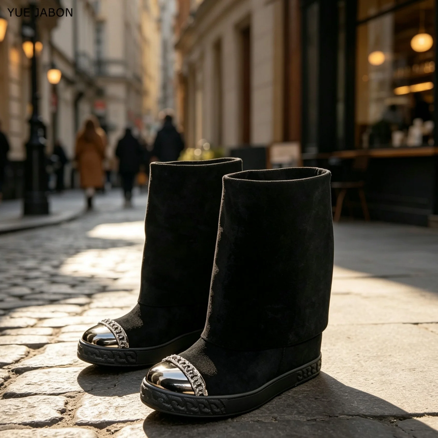 Black Vintage Platform Women Knee High Boots Fashion Ladies Slip On Metal Toe Genuine Leahter Booties Botas De Inverno Feminina