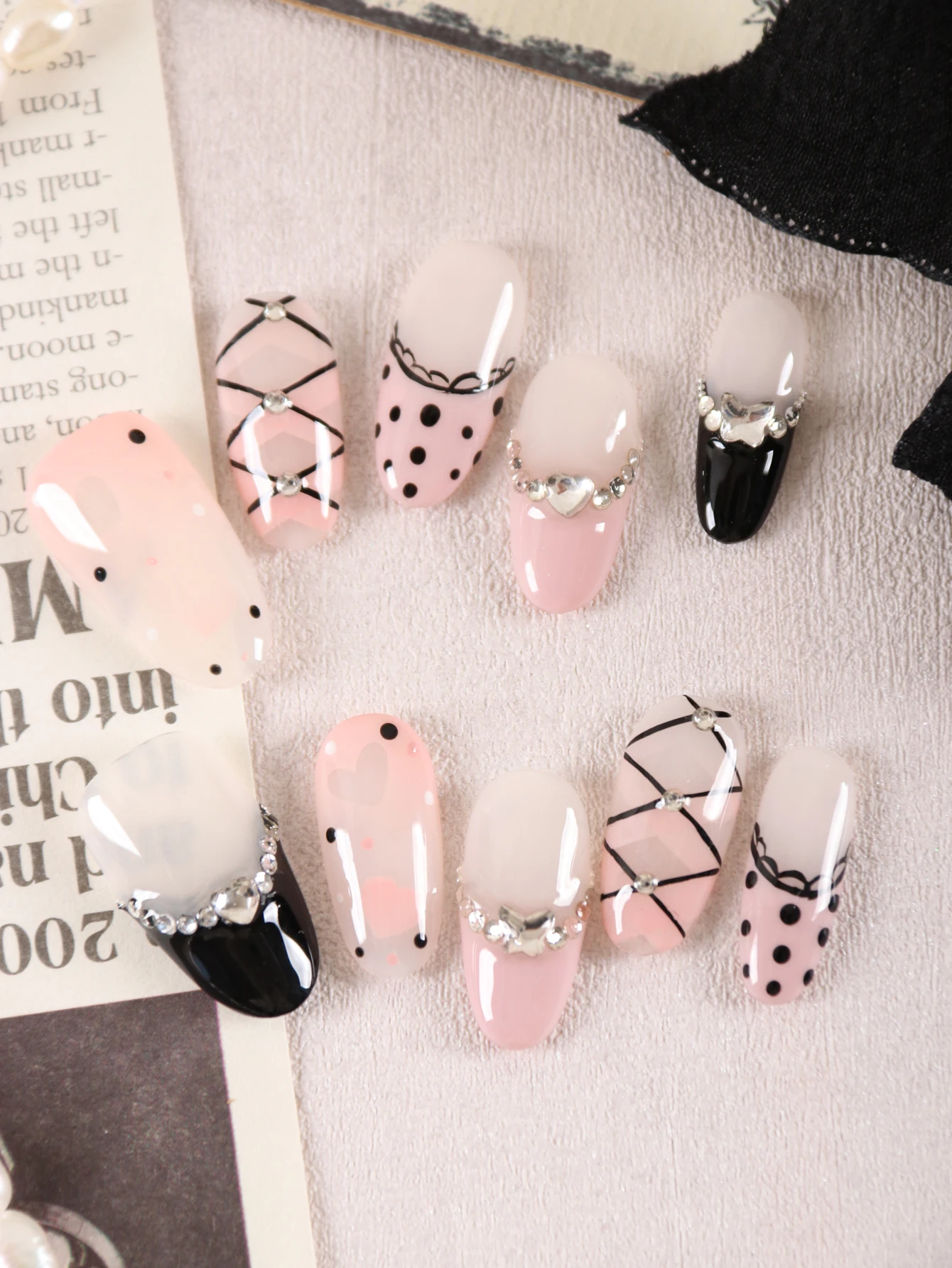 

10 шт. Y2K пресс на ногтях во французском стиле розовая милая черная лента офисная повседневная одежда накладные ногти набор искусственных ногтей дизайн ногтей DIY