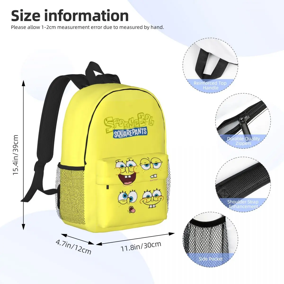 Bob Esponja Mochila para Meninos e Meninas, Mochila Estudantil de Grande Capacidade, Leve, Impermeável, 15 Polegada