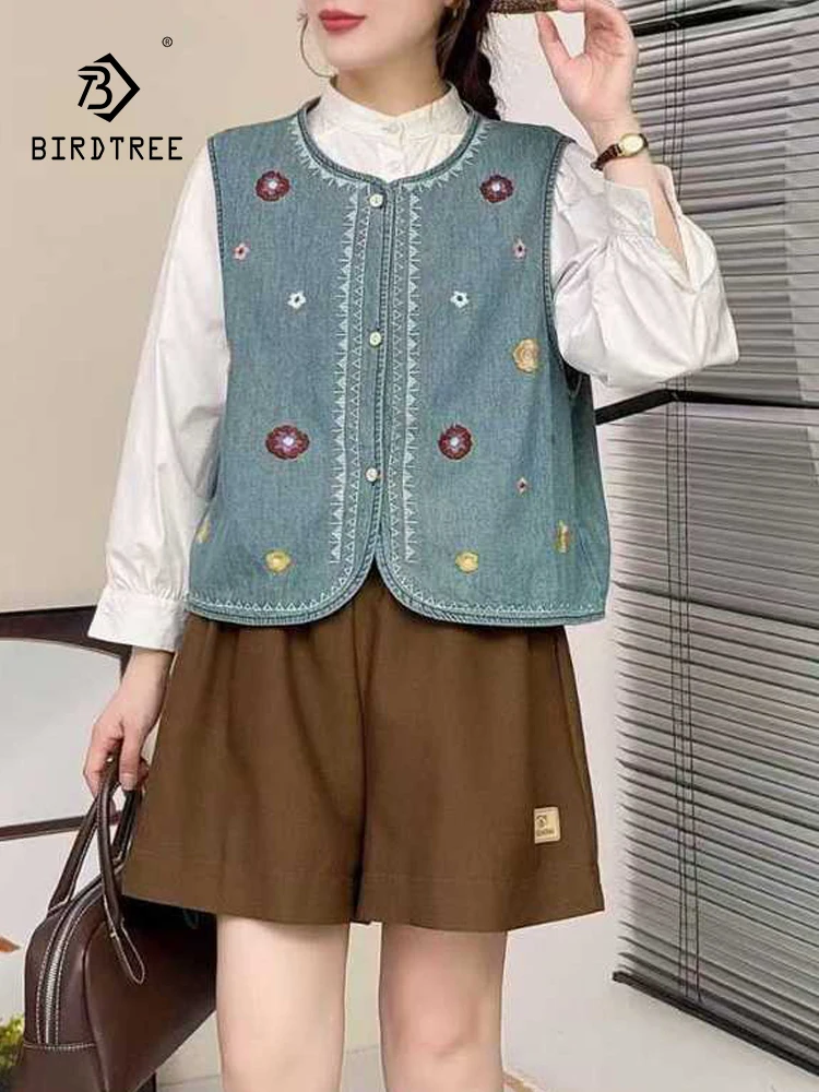 

Новый осенний джинсовый жилет 2025, женский жилет без рукавов с круглым вырезом и пуговицами, милое повседневное свободное пальто Mori Girl во французском стиле ретро C5O820CC