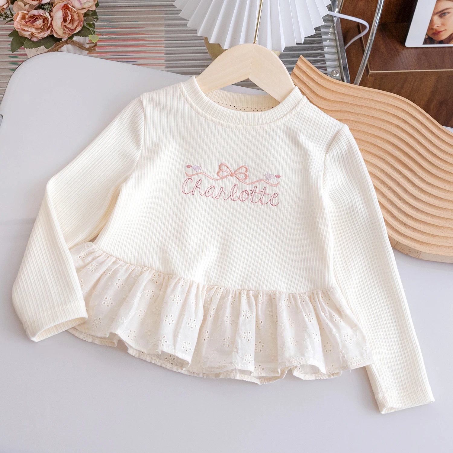Cute Baby Girls' Butterfly Knot Embroidered Shirt Round Neck Long Sleeve Lace Ruffles T-shirt Spring Autumn Girls Top