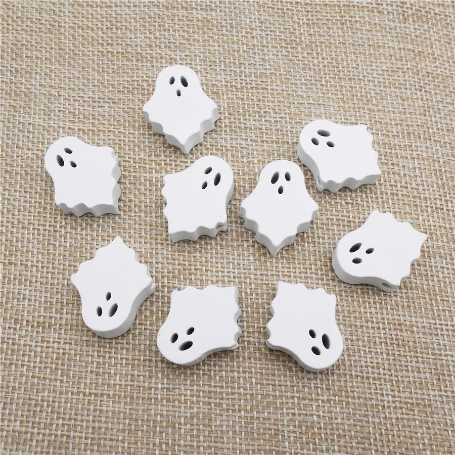 Julie Wang 10PCS White Wooden Halloween Ghost Beads Natural Wood Spacer Bead For Necklace Bracelet Jewelry Making Accessory