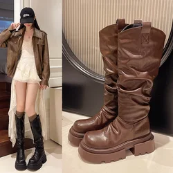 Thick Bottom Long Boots for Women Autumn Winter Solid Color Casual Stacked Knee High Rider Boots Thick Middle Heel Ladies Shoes