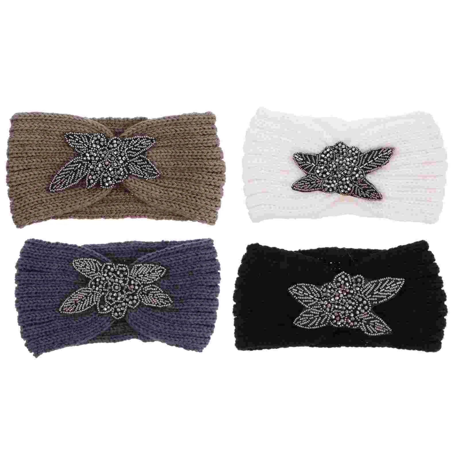 

4 Pcs Diamond Headband Face Washing Hairband Women Rhinestones Decor Toppers Makeup Accessory Outdoor Knitting Wool