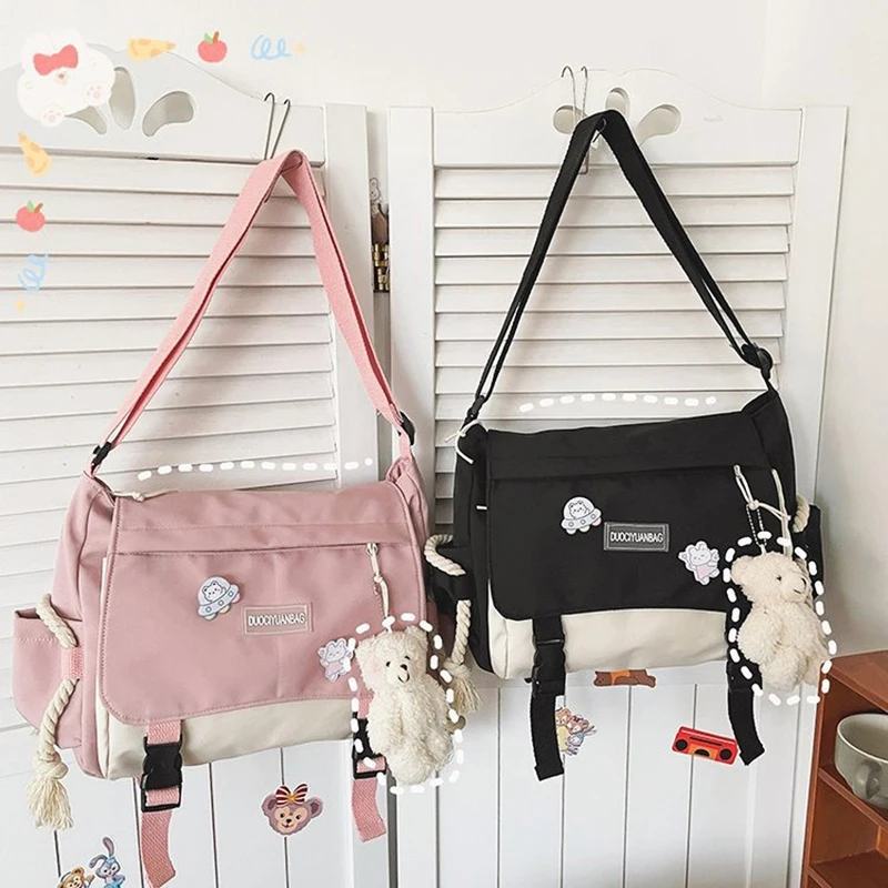 Japanese Harajuku Messenger Bags For Women Fashion Casual Student School Bags Cute Canvas Large Capacity Shoulder Crossbody Bag