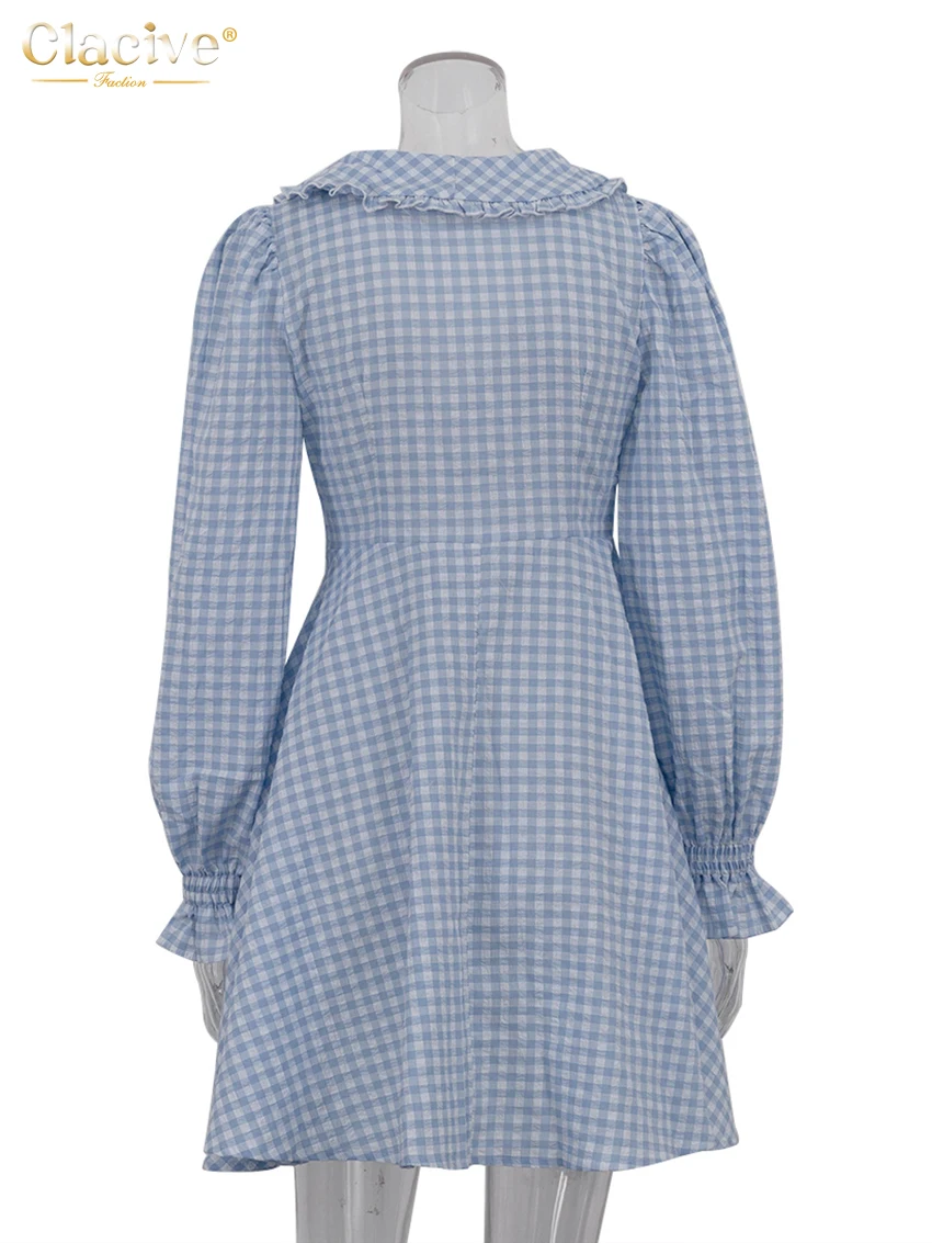 Clacive-Vestido de algodão xadrez solto feminino, gola elegante de boneca, manga comprida, mini vestidos de escritório, moda clássica feminina casual