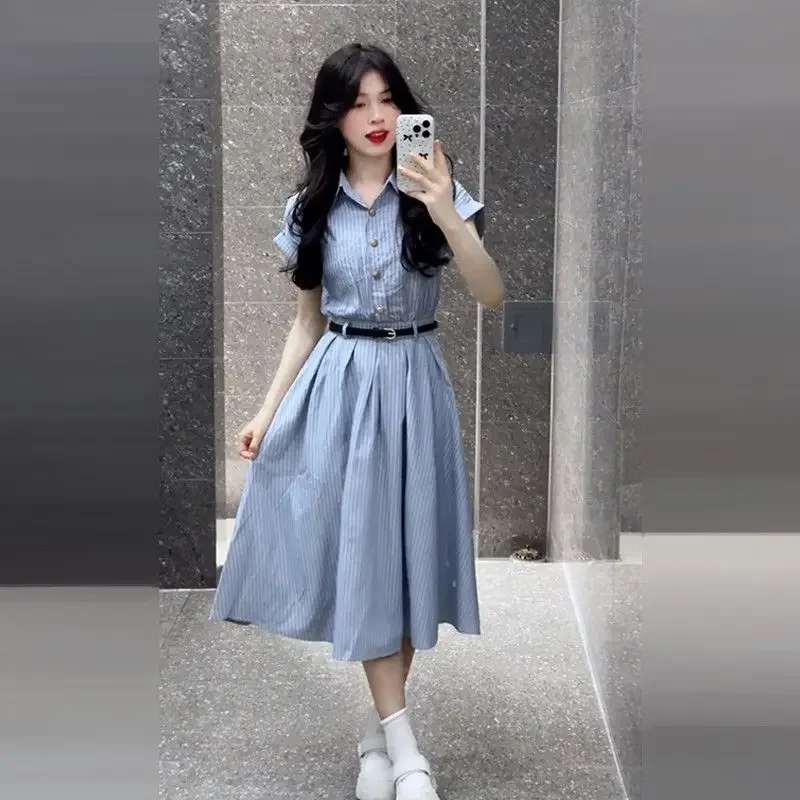 Vestido estilo coreano para mujer, cintura entallada, novedad de verano, vestido largo elegante y hermoso, moda femenina, manga corta, estilo polo.