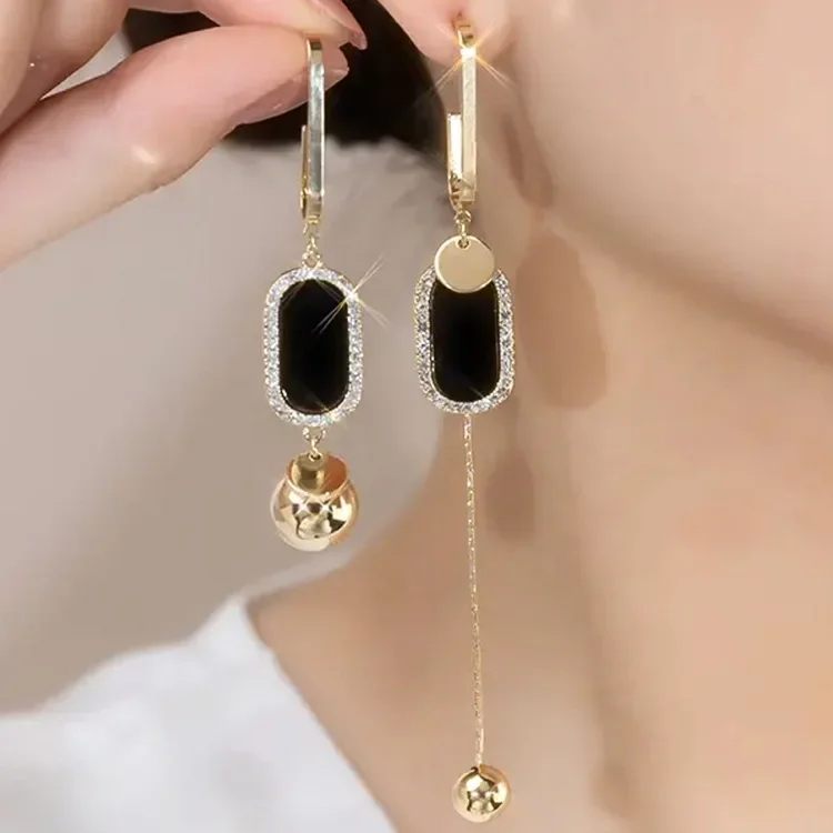 Ball Geometry Tassel Earrings AB Style Earrings INS Style Black Gold Diamond Women's Earrings Y2K Style Girl Friendship Gift