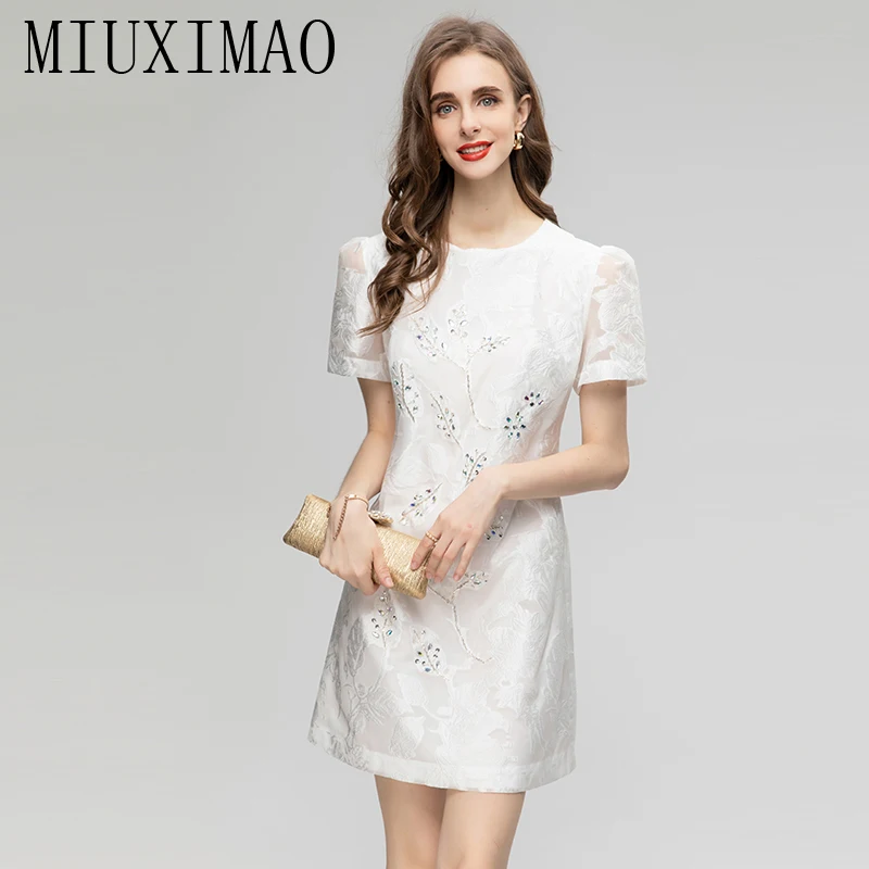 

MIUXIMAO 2023 Fall Dress Fashion Short Sleeve jacquard Diamonds Above Knee White Dress Women Vestidos Party Dress