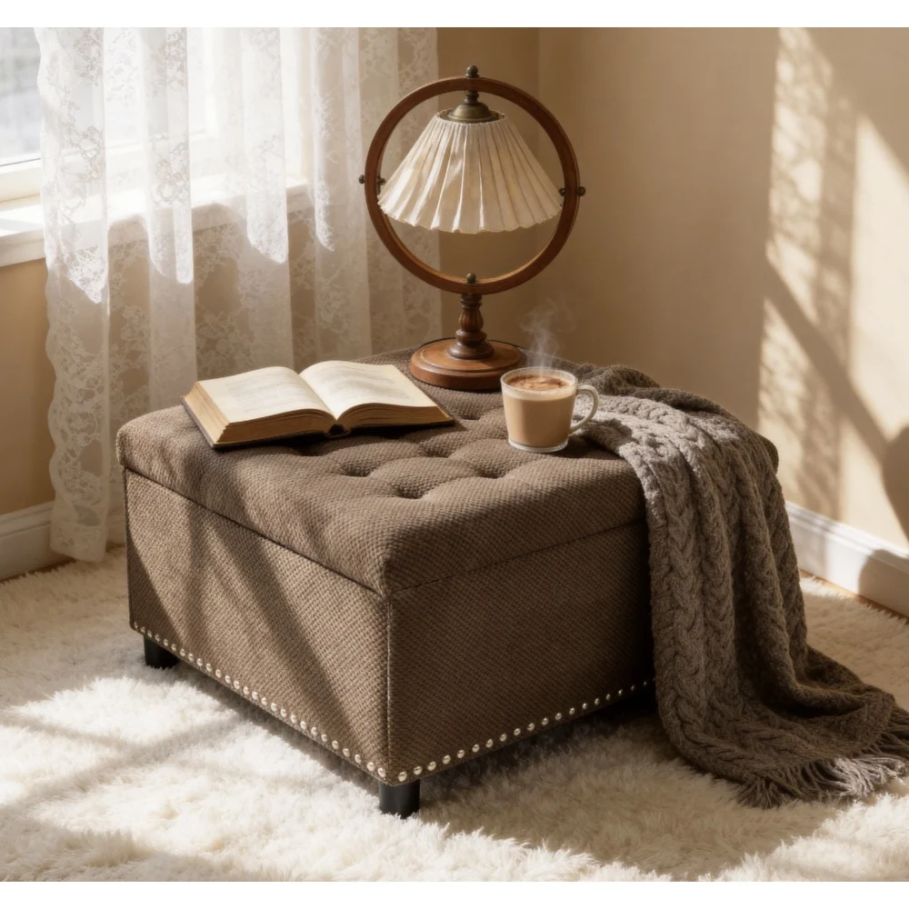 Orraves Dark Brown Square Storage Ottoman, Tufted Nailhead Trim Footstool, Upholstered Coffee Table for Living Room & Bedroom Small Space Decor