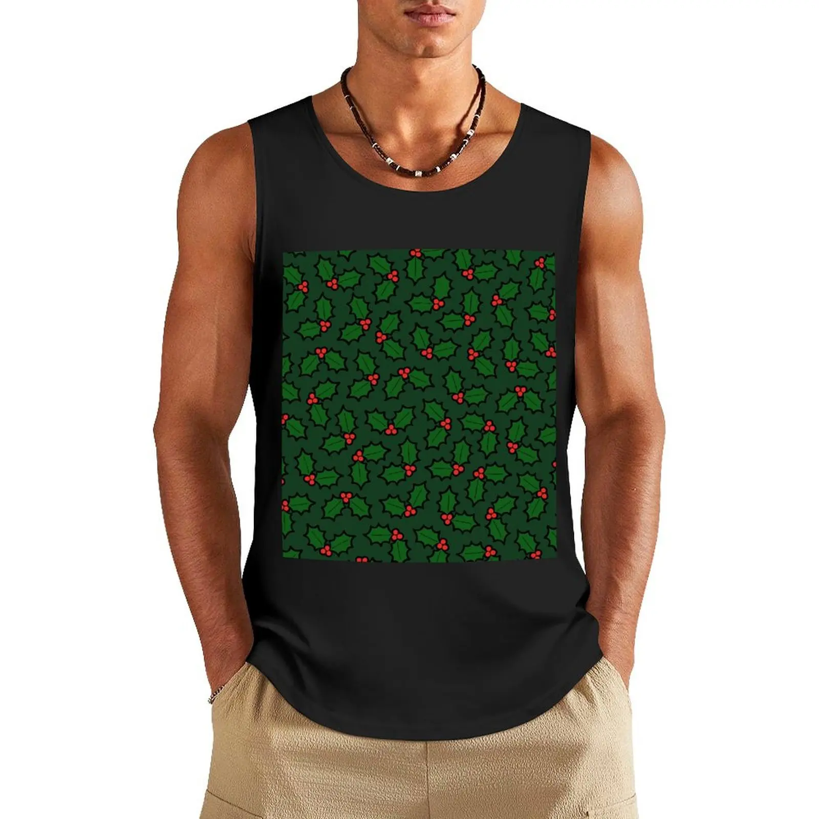 Holly Leaves and Berries Pattern in Dark Green Tank Top quick-drying t-shirt t-shirt for men