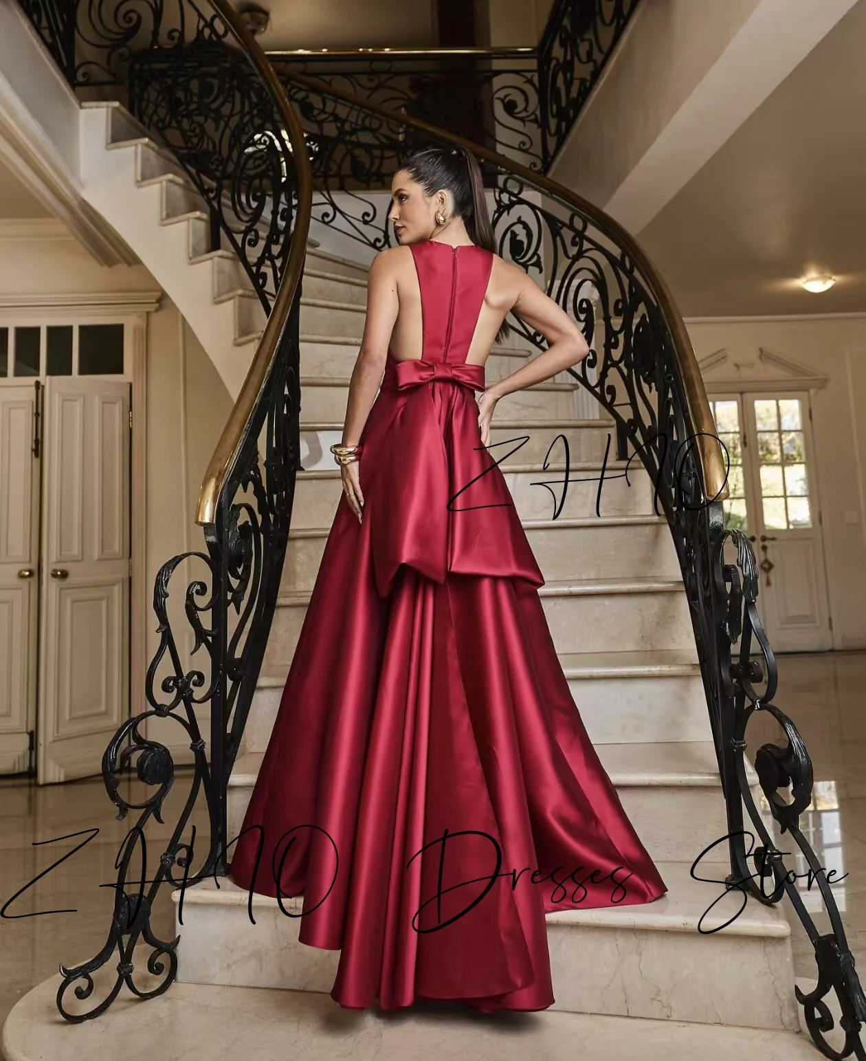 ZHIO Elegant Red Wedding Party Dress V-Neck Bow Draped A-line Sweep Train Taffeta Formal Occasion Birthday Evening Gown Custom