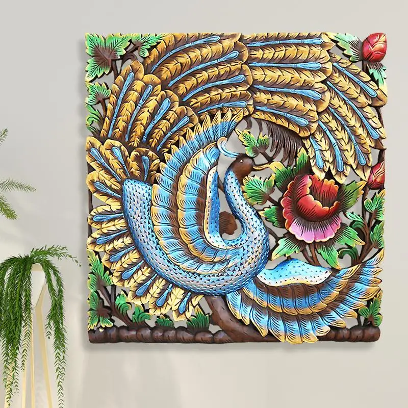 Crafts home solid wood carving colorful peacock hanging board living room partition decoration hollow carving board pendant