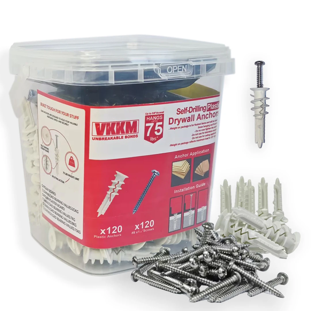 VKKM Self-Drilling Plastic Drywall Anchors with Screws - 120-Piece Set, Supports Up to 75 lbs, Perfect for Secure and Strong