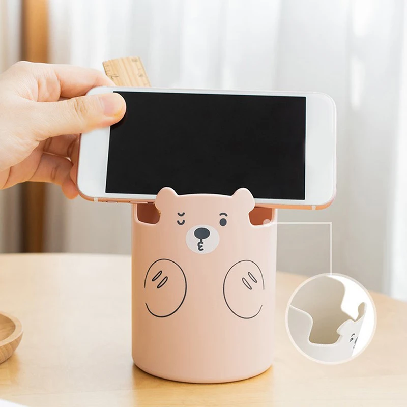 Cute Cartoon Bear Pen Holder Round Desktop Cosmetics Lipstick Brush Storage Box Large Capacity Pen Organizer School Stationery