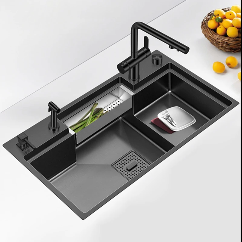 ASRAS SUS 304 Stainless Steel Nanometer Black Large Size Kitchen Step Sink 4mm Thickness Handmade Step Single Kitchen Sinks