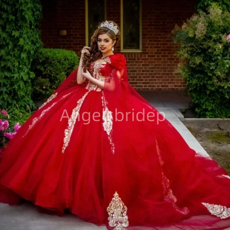 Angelsbridep Red Vestido De 15 Años Ball Gown Quinceanera Dress Evening Party Dresses With Cape Appliques