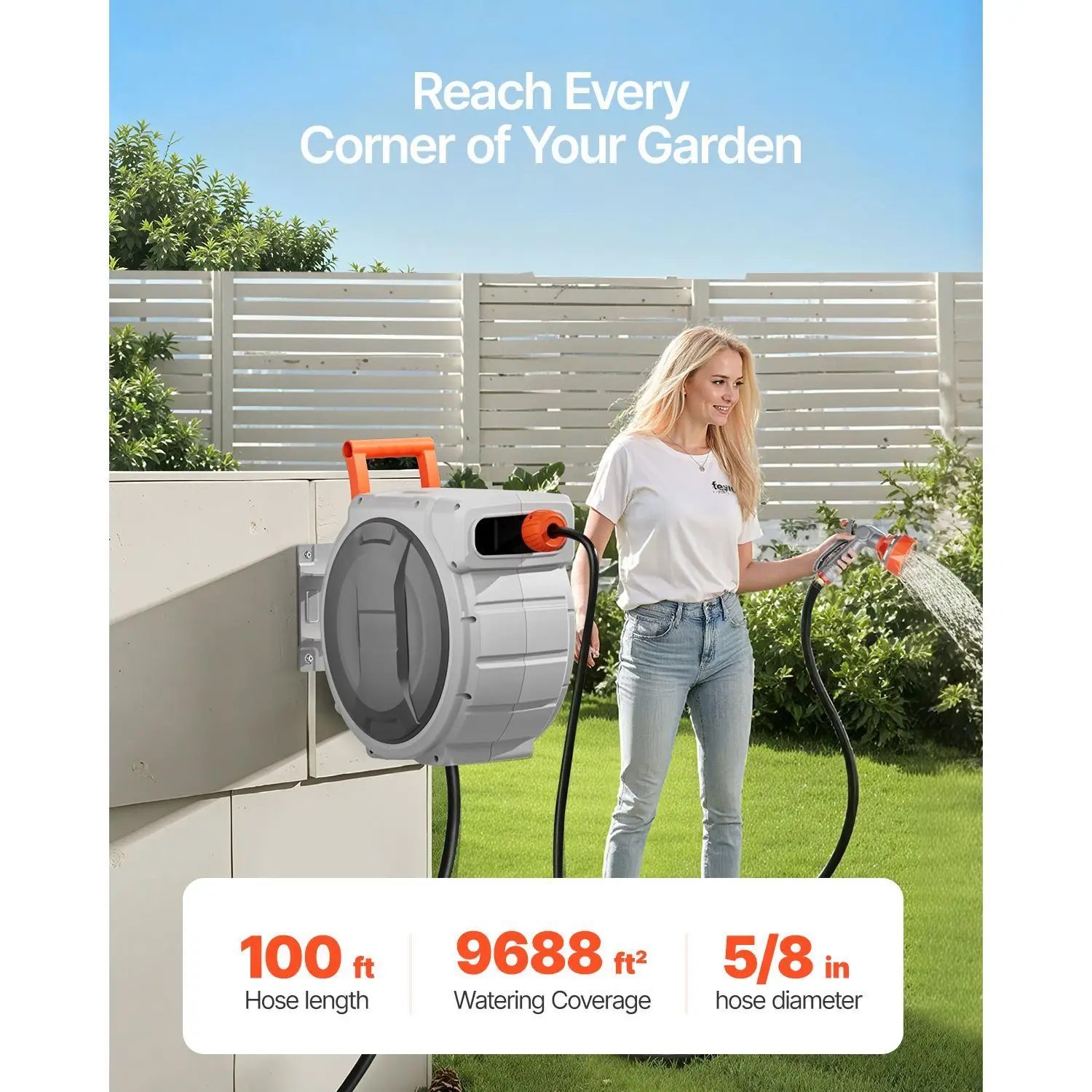 Retractable Garden Hose Reel, 5/8 Inch x 100 ft Wall Mounted Hose Reel, Heavy Duty Garden Hose Reel with 9 Patterns Nozzle, Any Length Lock, Upgraded Slow Return System and 180°Swivel Bracket